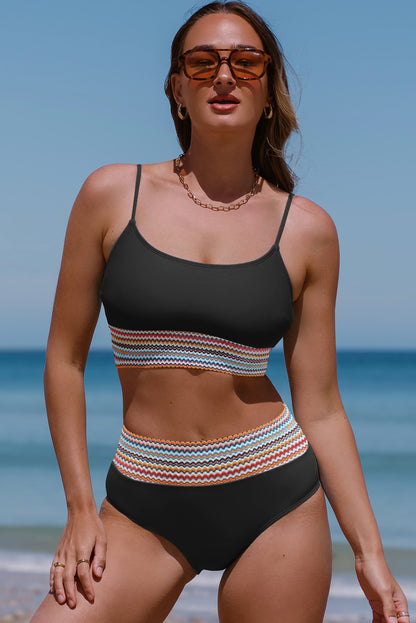 Black Striped Patchwork Spaghetti Strap High Waist Bikini Set - Cowaa