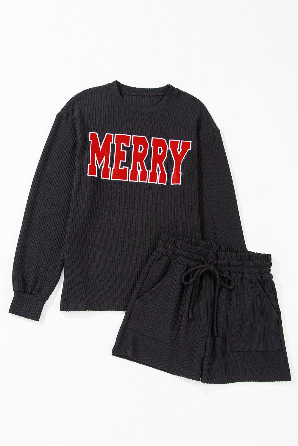 Black Corded MERRY Long Sleeve Top and Shorts Pajama Set - Cowaa