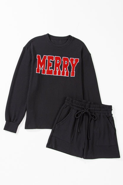Black Corded MERRY Long Sleeve Top and Shorts Pajama Set - Cowaa