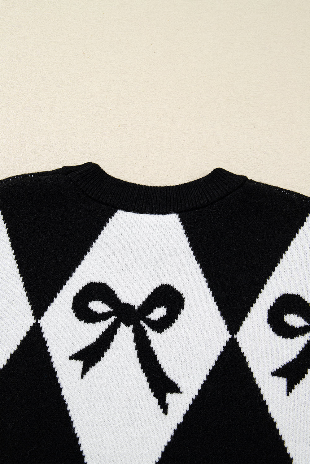 Black Bow Pattern Colorblock Rhombus Knit Loose Sweater - Cowaa