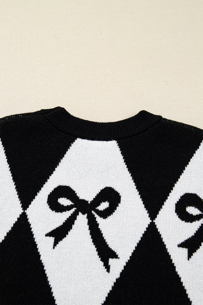 Black Bow Pattern Colorblock Rhombus Knit Loose Sweater - Cowaa