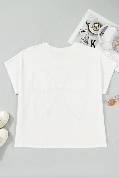 White Plus Size Leopard Bow Embroidered Patch Casual T Shirt.