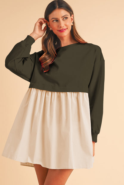 Khaki Sweatshirt 2-in-1 Flowy Pleated Mini Dress - Cowaa