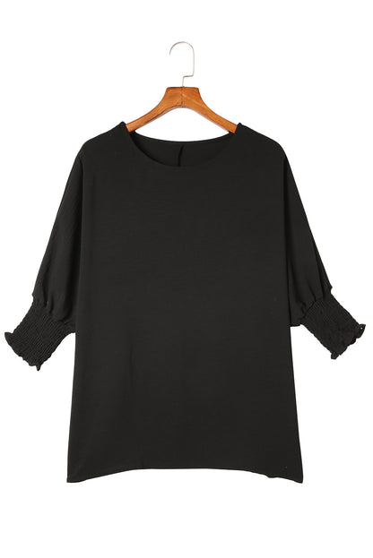 Apricot Solid Casual Smocked Cuffs Batwing Sleeve Blouse - Cowaa