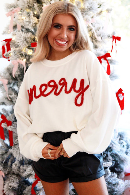 White Merry Tinsel Letter Pattern Ribbed Drop Shoulder Sweatshirt