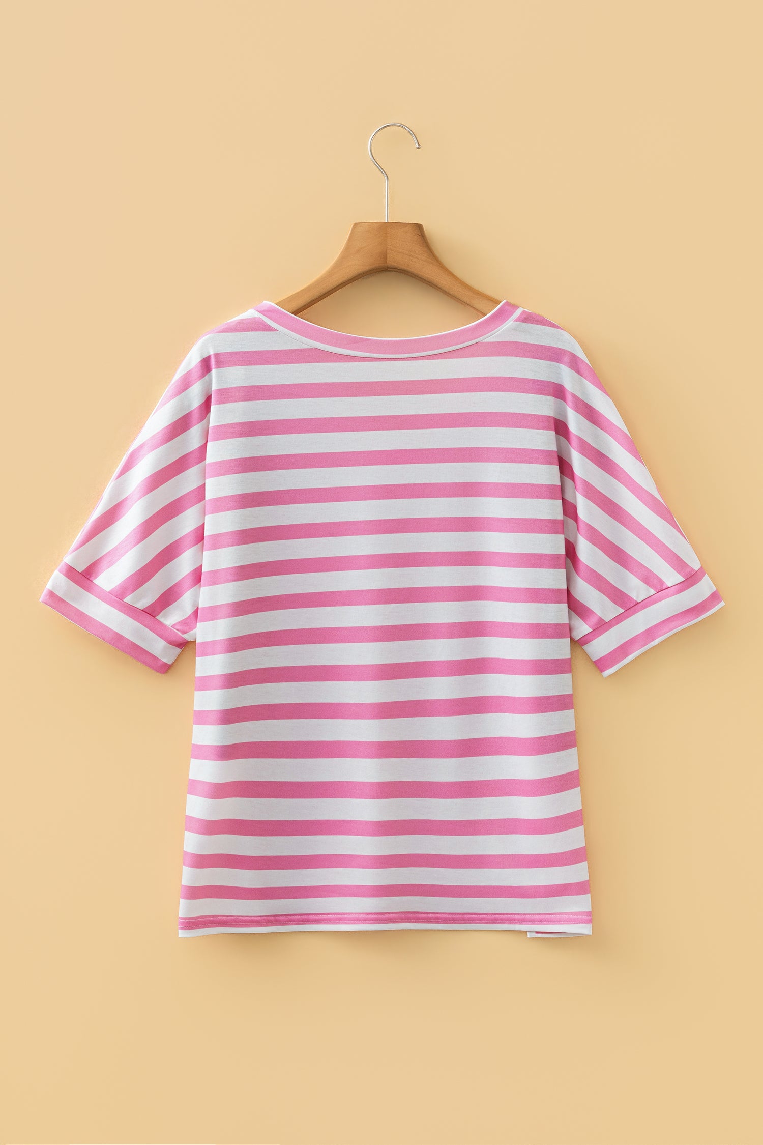 Pink Stripe V Neck Patched Pocket Casual T Shirt - Cowaa