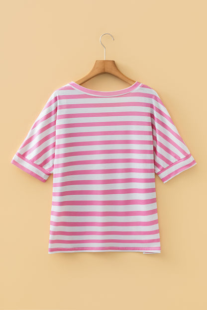 Pink Stripe V Neck Patched Pocket Casual T Shirt - Cowaa