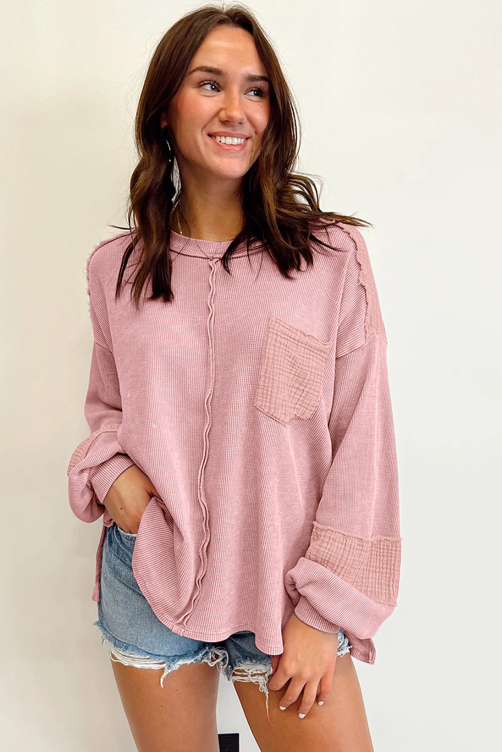 Crinkle Patchwork Long Sleeve Top - Cowaa