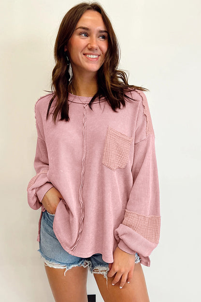 Crinkle Patchwork Long Sleeve Top - Cowaa