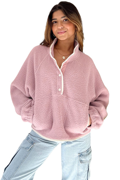 Fushia High Collar Long Sleeve Pullover Sweatshirt - Cowaa