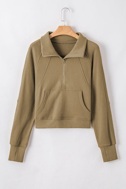 Brown Zip Up Stand Collar Thumbhole Sleeve Sweatshirt - Cowaa