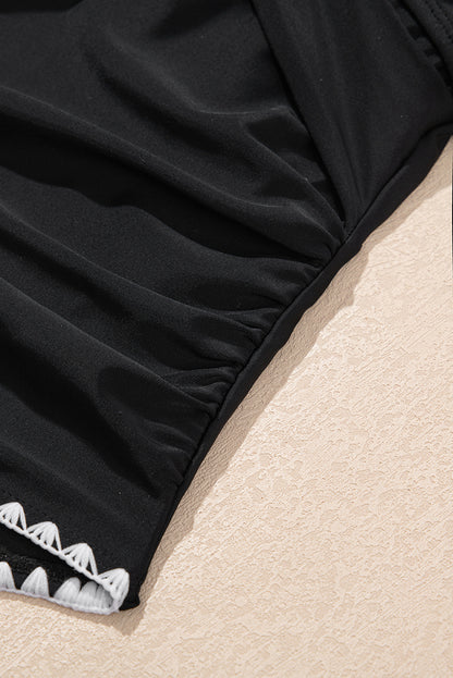 Black Ric Rac Trim Contrasted Patchwork Cutout One Piece Swimsuit - Cowaa