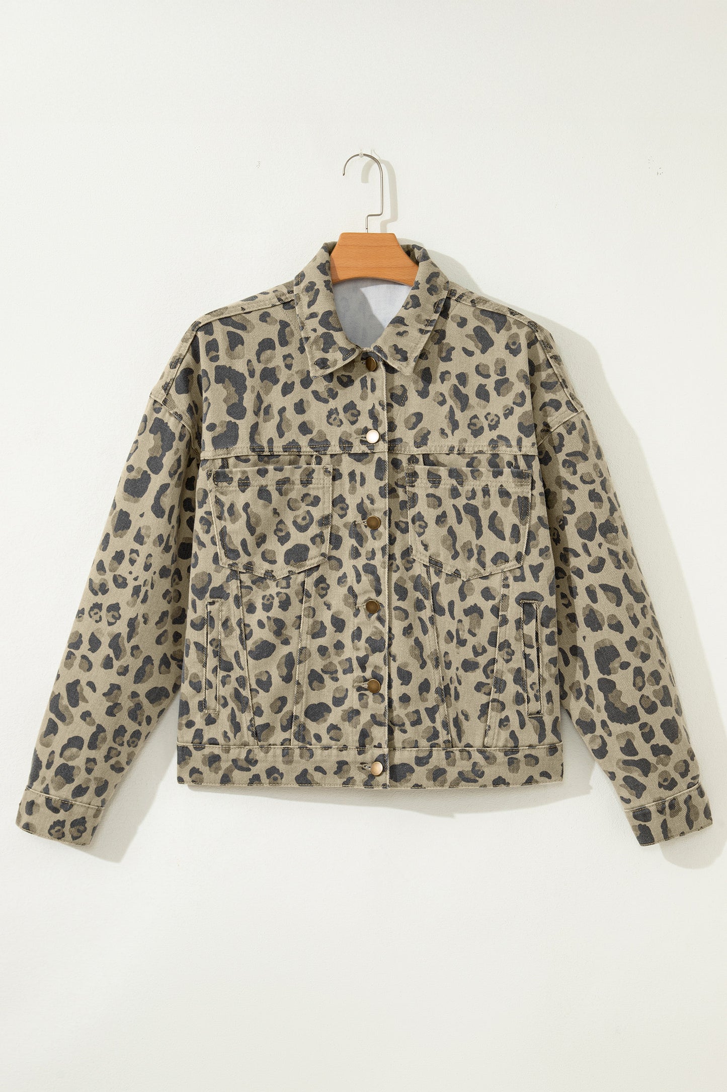 Khaki Retro Leopard Print Seam Detail Button Down Denim Jacket - Cowaa
