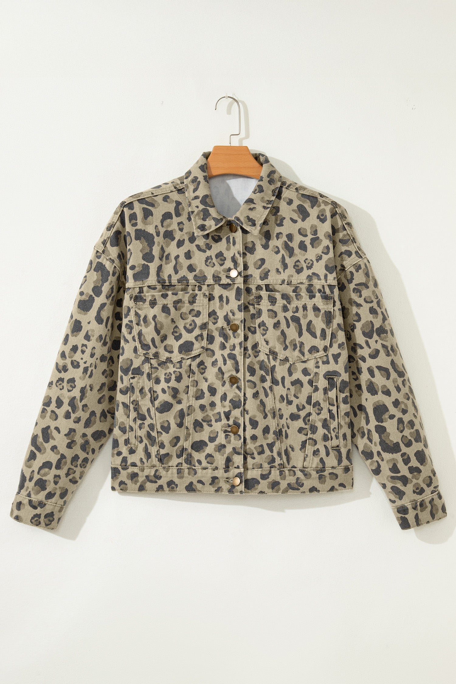 Khaki Retro Leopard Print Seam Detail Button Down Denim Jacket - Cowaa