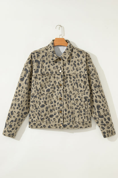 Khaki Retro Leopard Print Seam Detail Button Down Denim Jacket - Cowaa