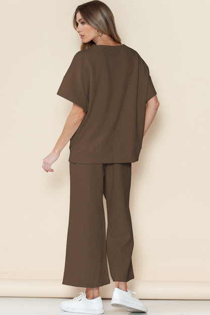 Navy Blue Textured Loose Fit T Shirt and Drawstring Pants Set - Cowaa
