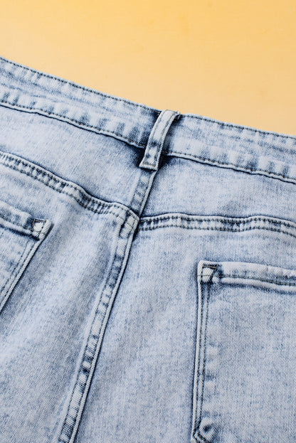 Light Blue Acid Wash Crossed Raw Edge Denim Shorts - Cowaa