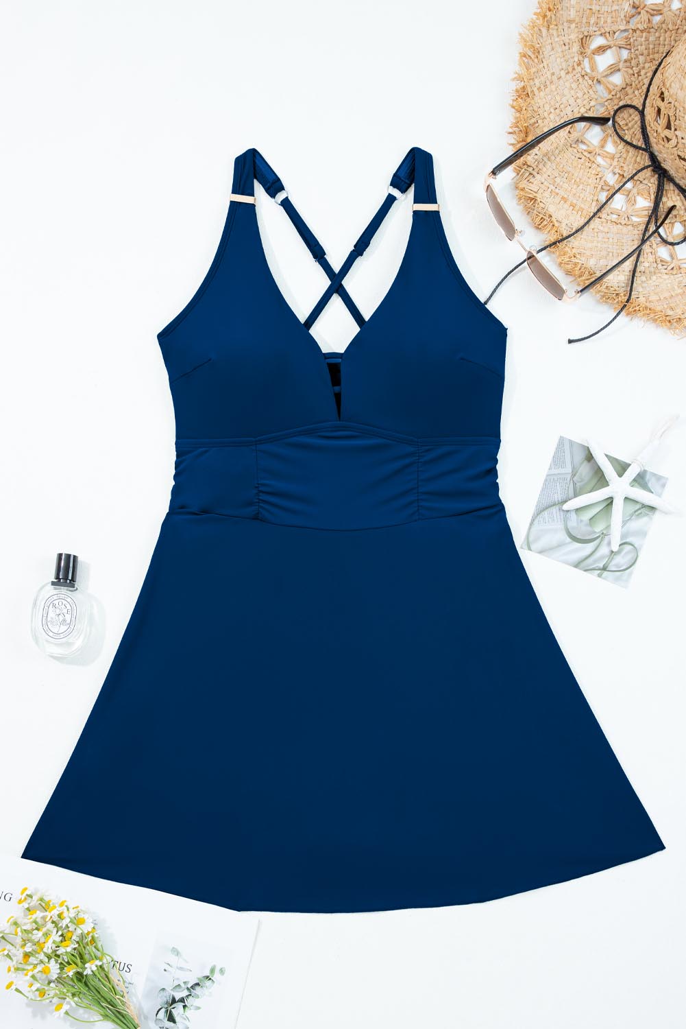 Blue Stripe Patchwork Crossed Straps One Piece Swim Dress