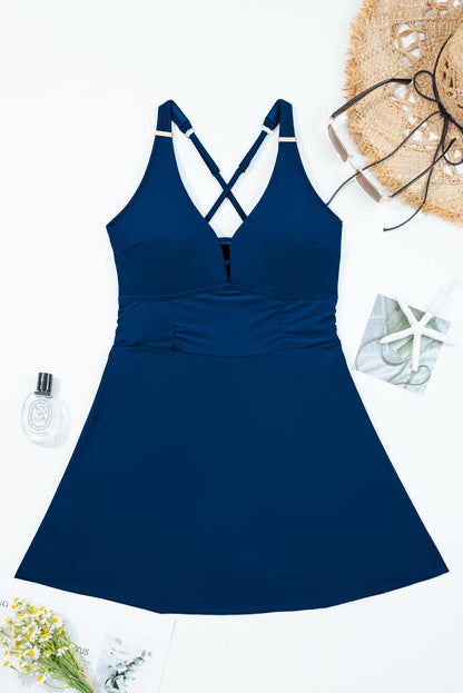 Blue Stripe Patchwork Crossed Straps One Piece Swim Dress