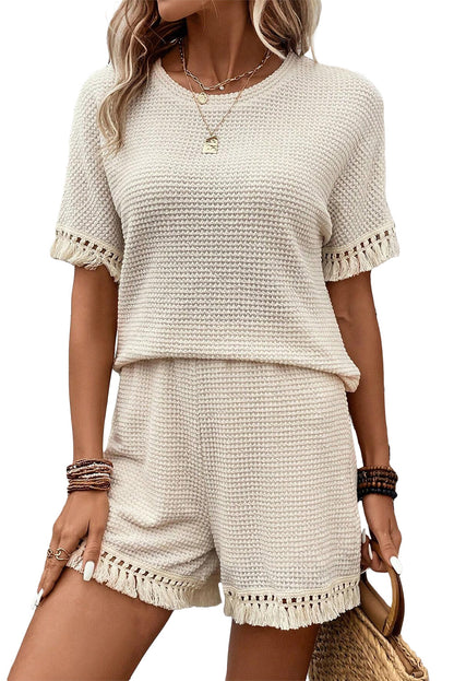 Beige Fringe Trim Waffle Knit Textured Shorts Set - Cowaa