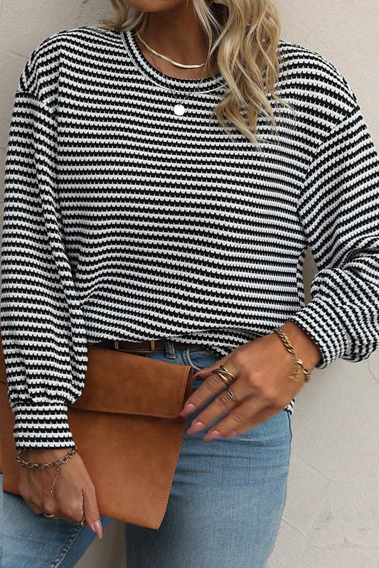 Black Stripe Drop Shoulder Puff Long Sleeve O Neck Plus Size T Shirt - Cowaa