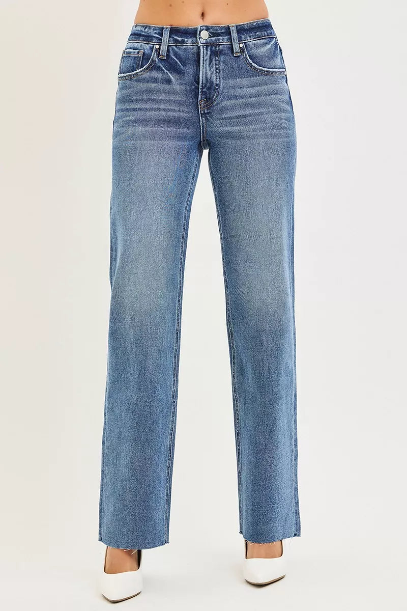 RISEN Tummy Control 4 Way Stretch Mid Rise Straight Jeans.