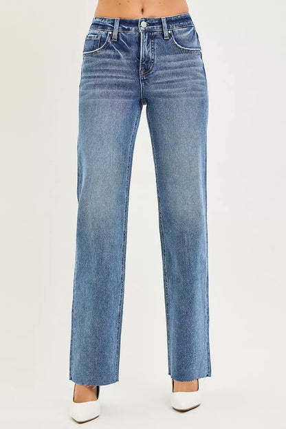 RISEN Tummy Control 4 Way Stretch Mid Rise Straight Jeans.