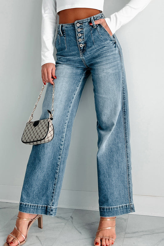 Dusk Blue Multi Button Waist Wash Straight Leg Jeans - Cowaa