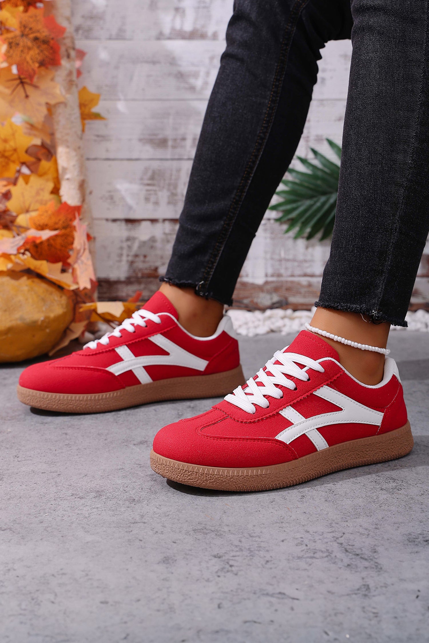Racing Red Faux Suede Contrast Patchwork Detail Lace Up Flat Sneakers - Cowaa