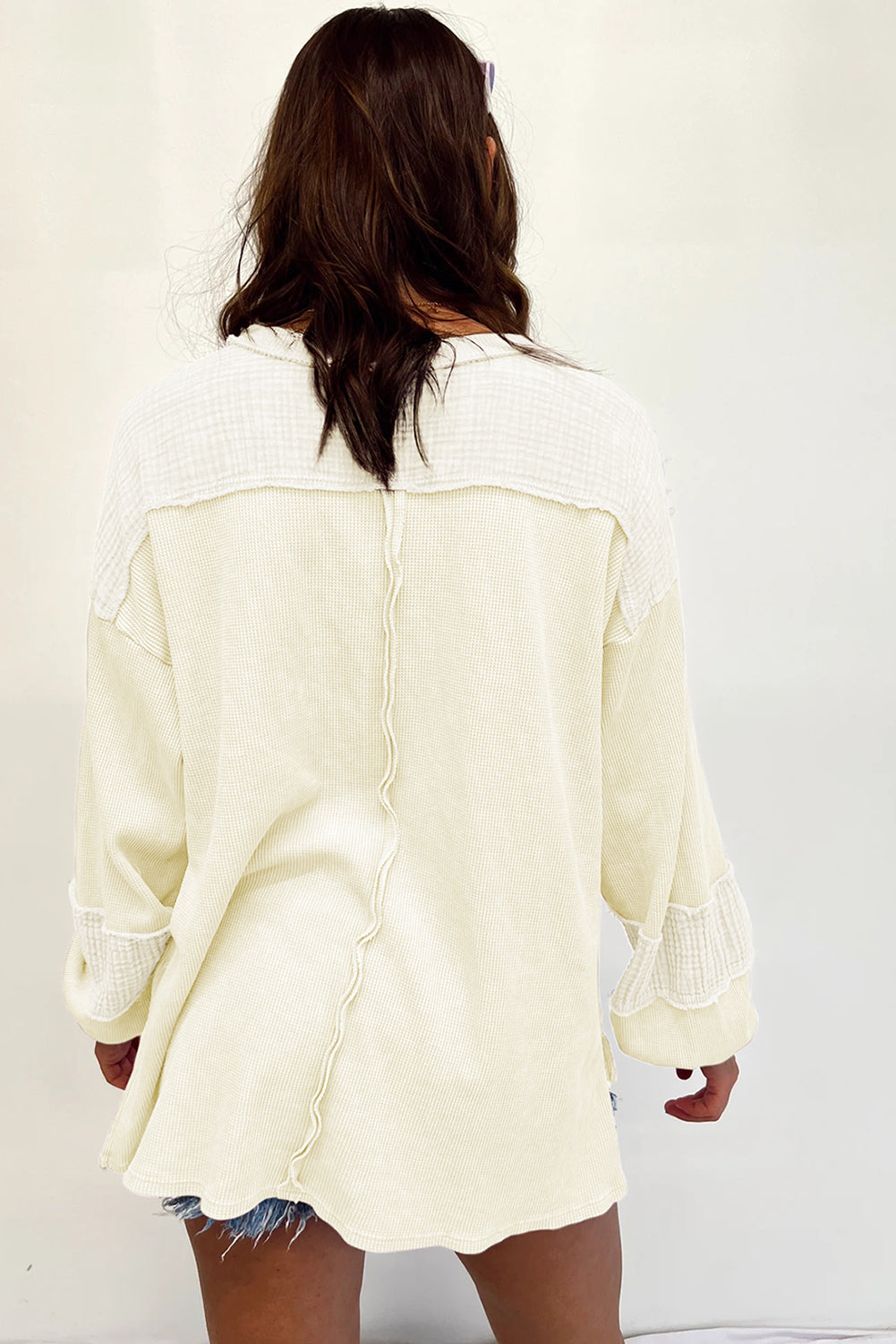 Crinkle Patchwork Long Sleeve Top - Cowaa