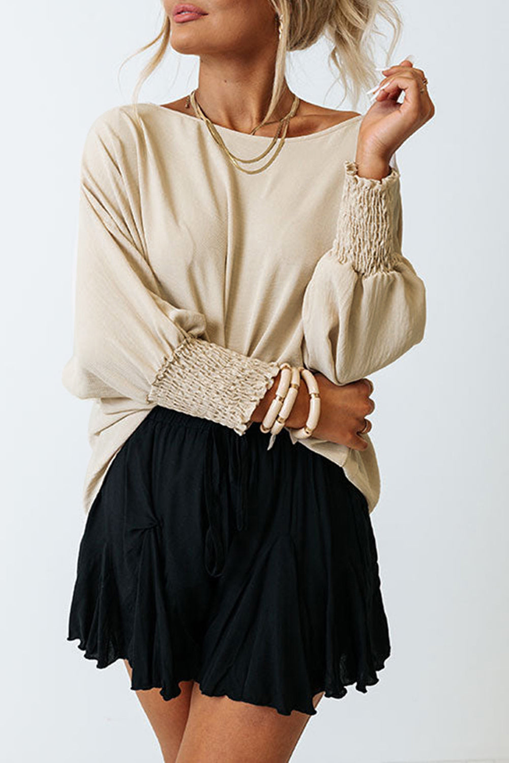 Apricot Solid Casual Smocked Cuffs Batwing Sleeve Blouse - Cowaa