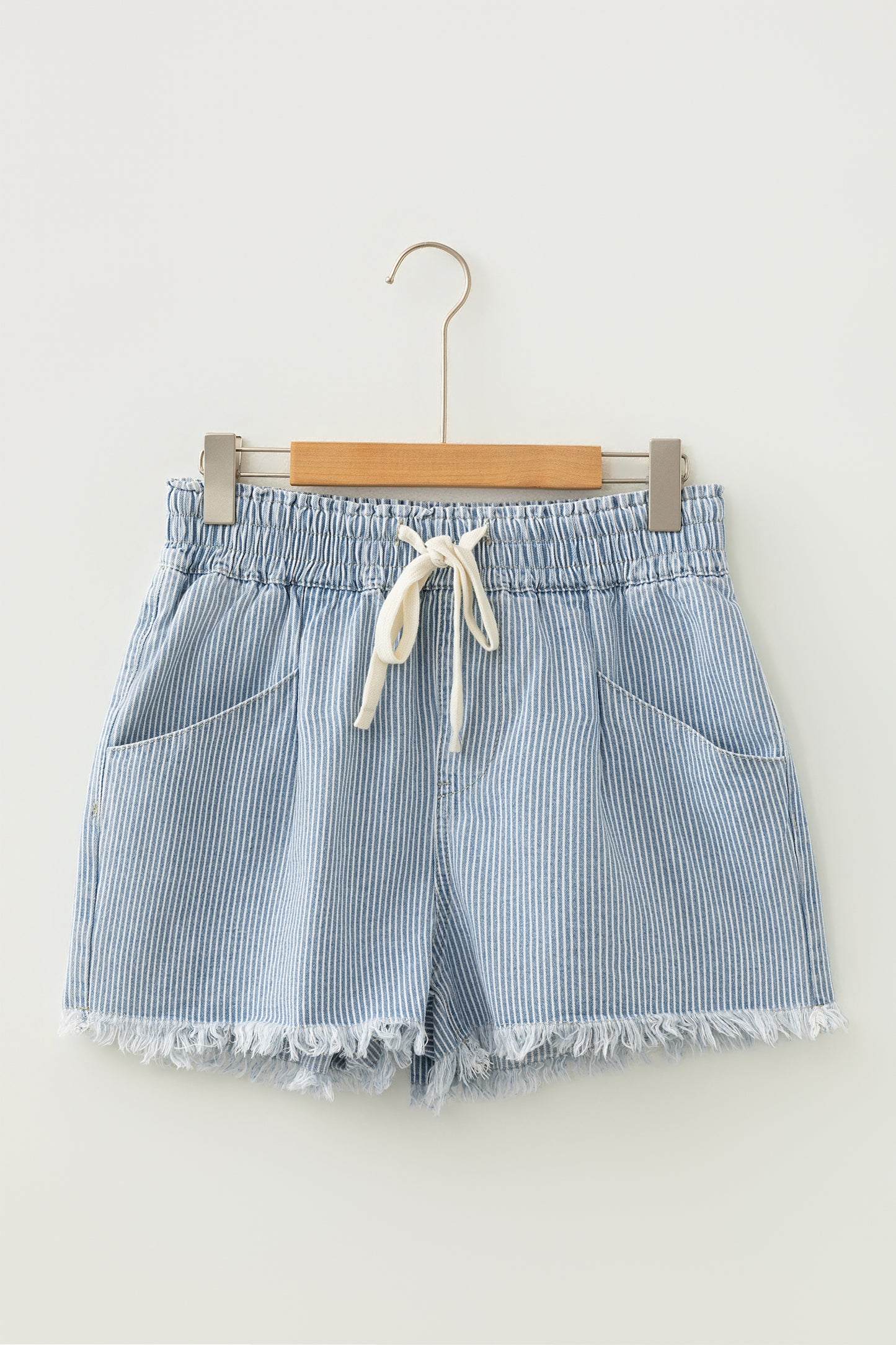 Sky Blue Stripe Raw Edge Drawstring Elastic Waist Casual Denim Shorts - Cowaa
