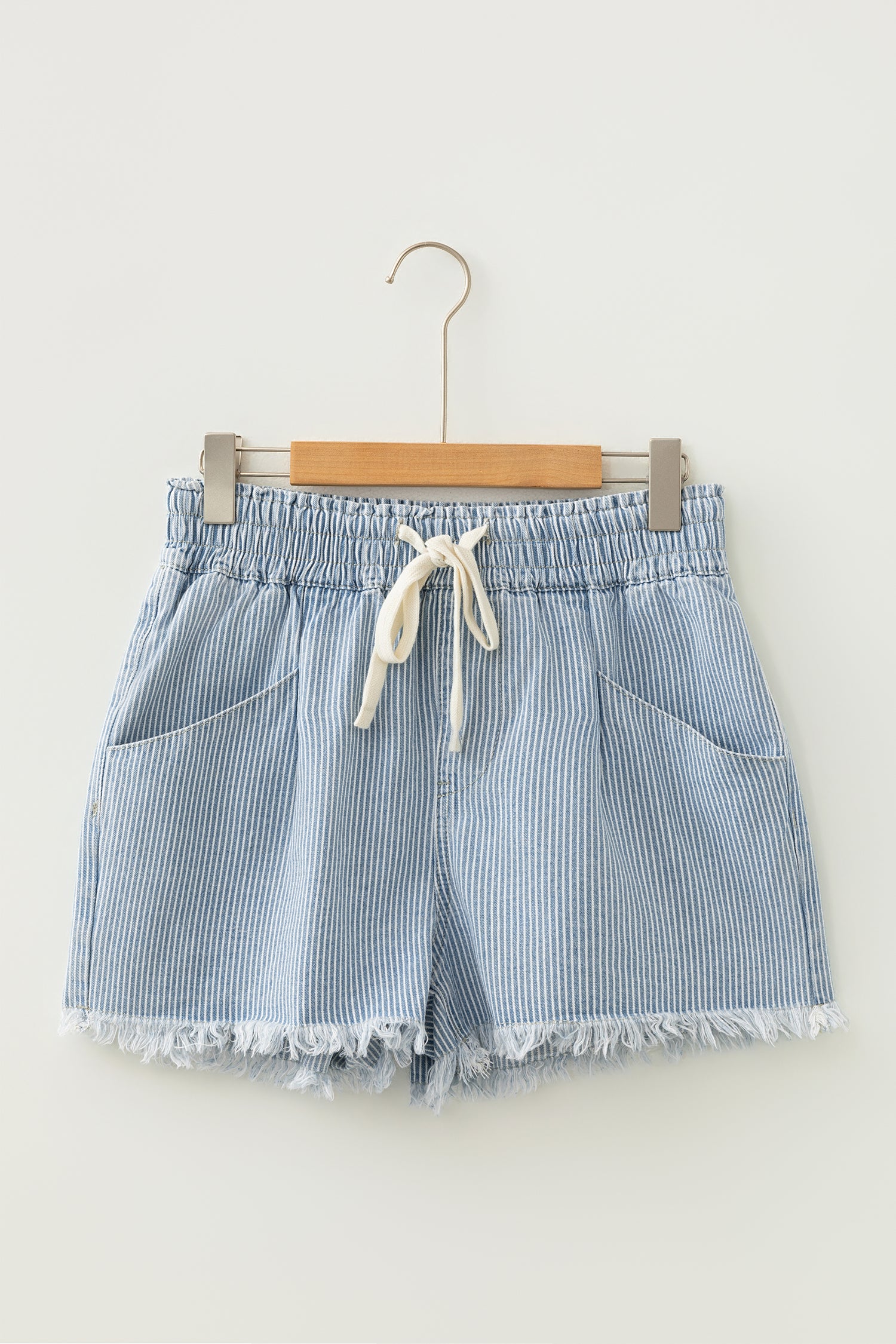 Sky Blue Stripe Raw Edge Drawstring Elastic Waist Casual Denim Shorts - Cowaa