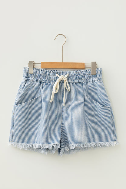 Sky Blue Stripe Raw Edge Drawstring Elastic Waist Casual Denim Shorts - Cowaa