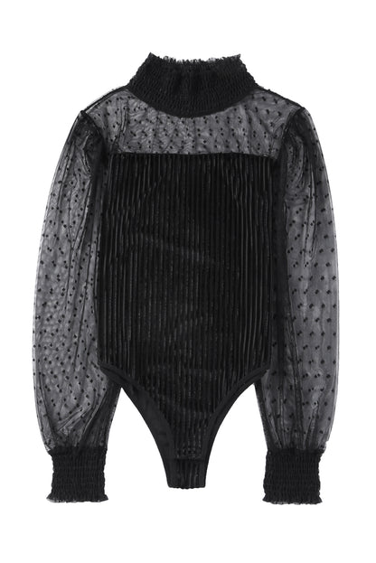 Sheer Dotty Puff Sleeve Ribbed Velvet Bodysuit - Cowaa