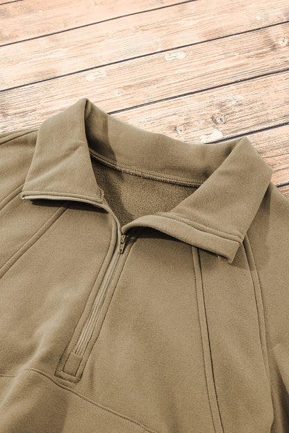 Brown Zip Up Stand Collar Thumbhole Sleeve Sweatshirt - Cowaa