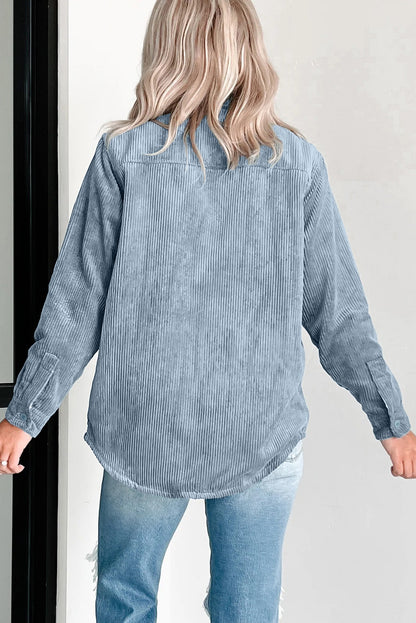 Stone Blue Plaid Corduroy Reversible Button Up Shacket