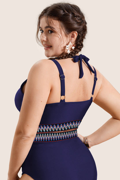 Navy Blue Embroidered Trim Wrap Tie Knot Plus Size High Waisted Bikini Set