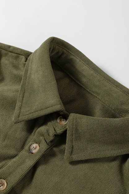 Vineyard Green Corduroy Half Button Collared Long Sleeve Mini Dress - Cowaa