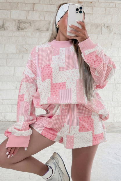Green Patchwork Floral Print Drop Shoulder Baggy Pullover Drawstring Shorts Set