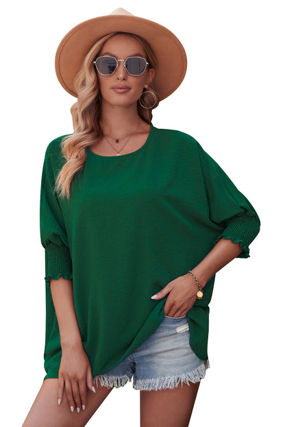 Apricot Solid Casual Smocked Cuffs Batwing Sleeve Blouse - Cowaa