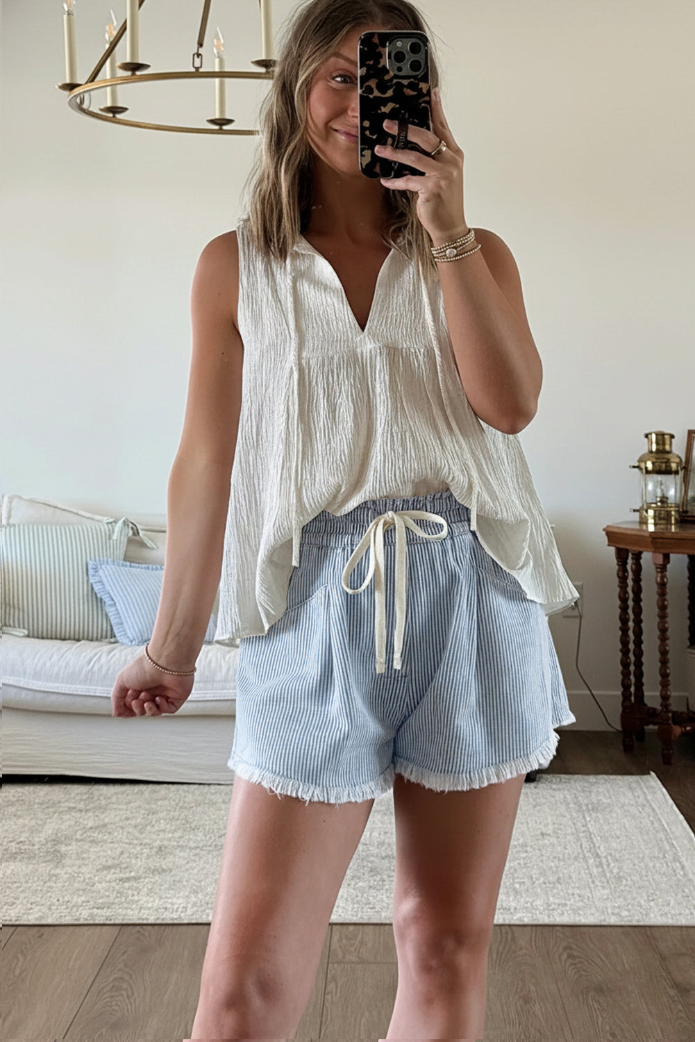 Sky Blue Stripe Raw Edge Drawstring Elastic Waist Casual Denim Shorts - Cowaa