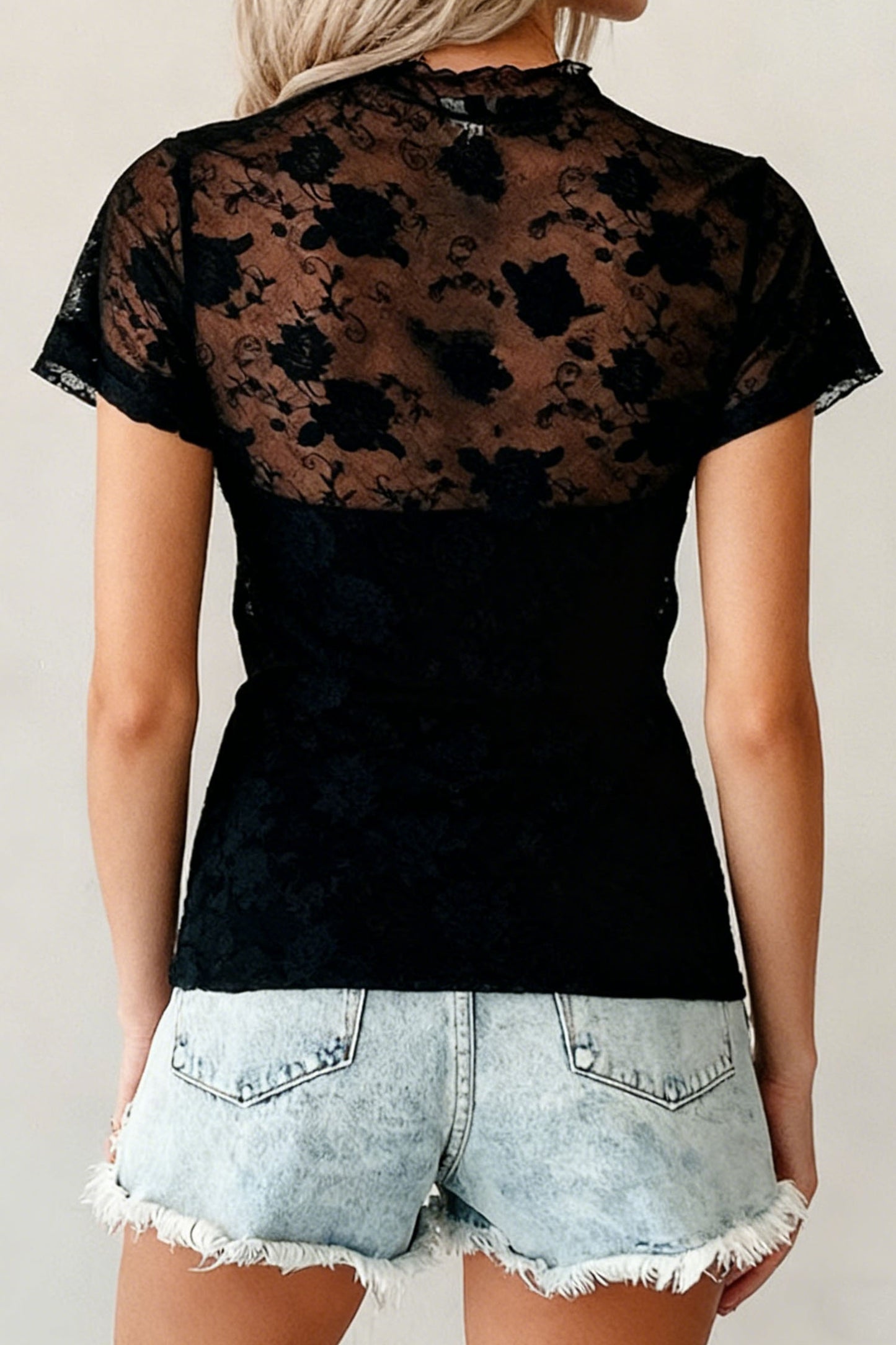 Black Floral Lace Mesh Short Sleeve Sheer Top - Cowaa