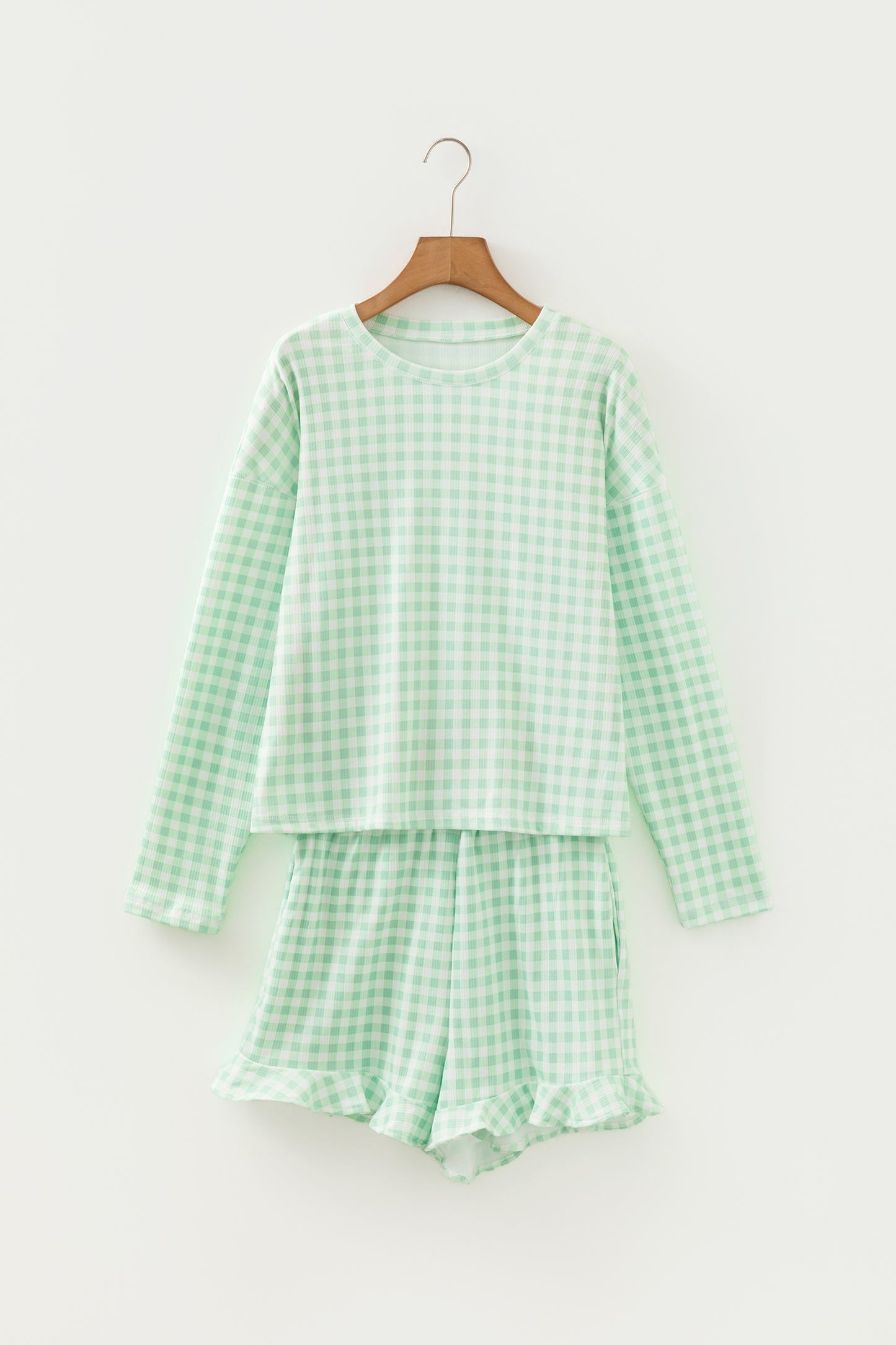 Green Gingham Long Sleeve Loose Top Drawstring Shorts 2pcs Lounge Set - Cowaa