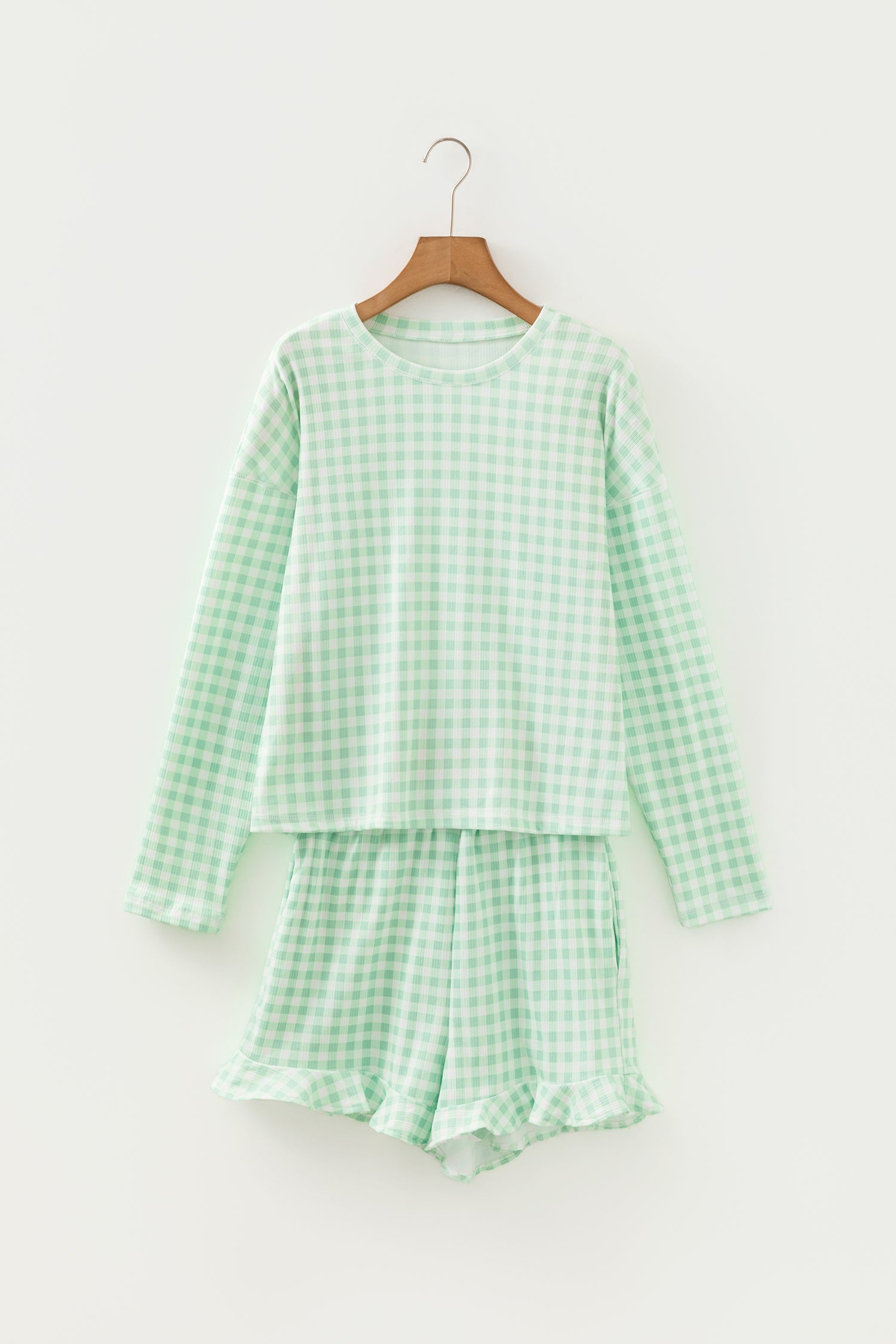 Green Gingham Long Sleeve Loose Top Drawstring Shorts 2pcs Lounge Set - Cowaa