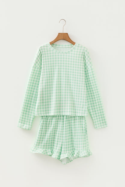 Green Gingham Long Sleeve Loose Top Drawstring Shorts 2pcs Lounge Set - Cowaa