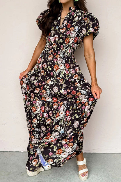 Black Floral Print V Neck Pleated Tiered Maxi Dress - Cowaa