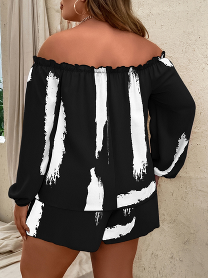 Black & White Off the Shoulder Top & Shorts 2-PC Set - Cowaa