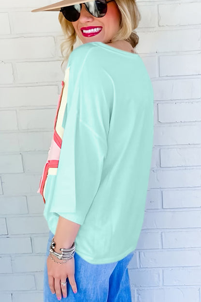 White Colorblock Star Patched Half Sleeve Oversized Tee - Cowaa