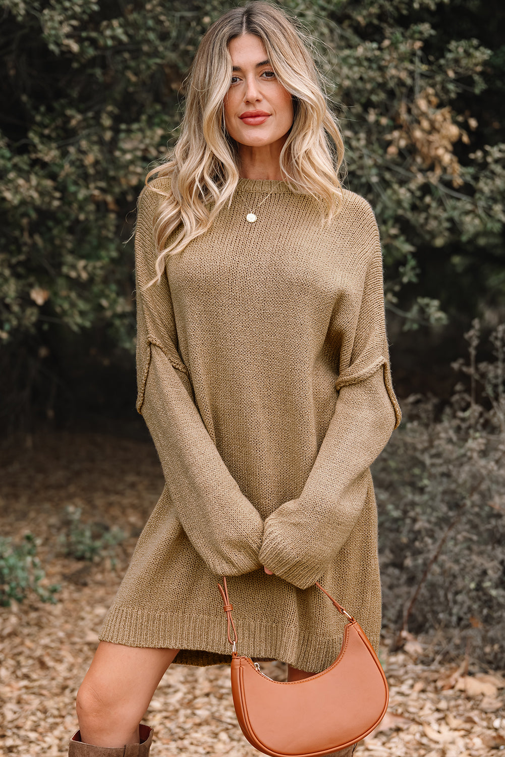 Pale Khaki Oversize Drop Shoulder Slouchy Sweater Dress - Cowaa